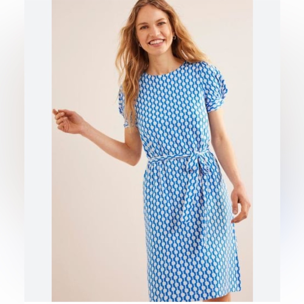 Boden Stretch Jersey Dress Size 16L NWT Belted Short Sleeves Mod Geometric Print